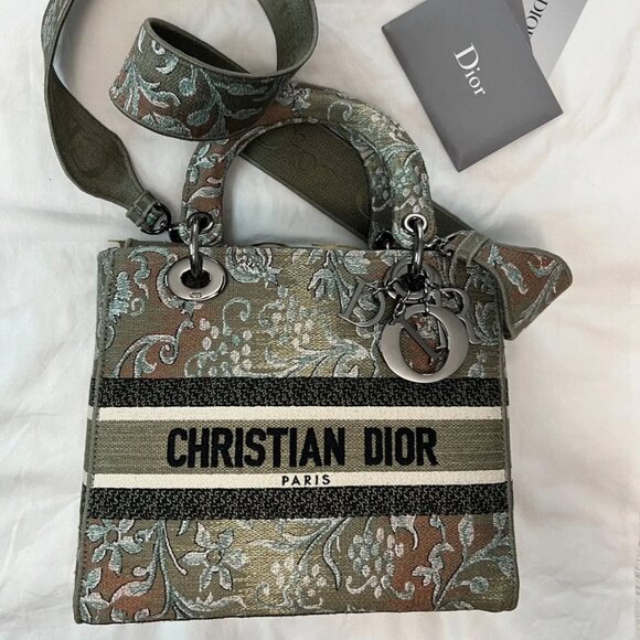 Dior Handbags - CHRISTIAN DIOR Canvas Embroidered Floral ombre green, gold & black Medium Lady D